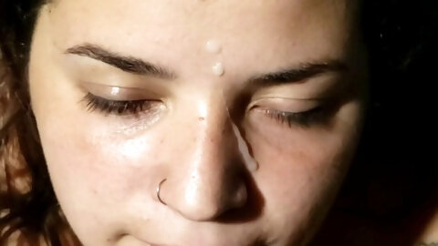 First time sucking cock on camera and cums on her face - Blowjob - POV