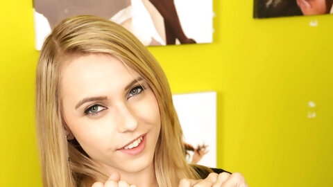 Sweet teen in a red skirt Chloe Toy flashes her blue lacy undies on a chair