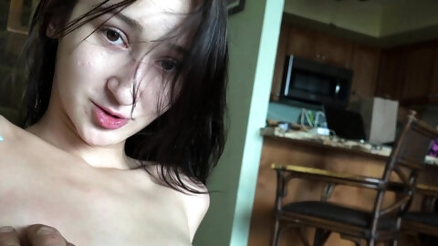 Small titted brunette teen fingering on the bed