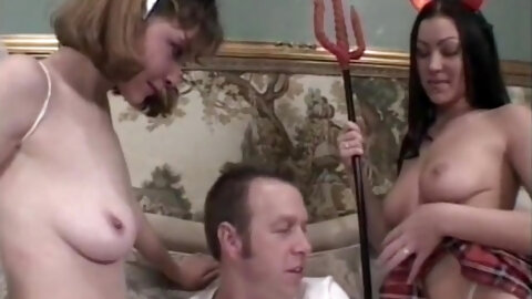 Brunette Devil Girl And Blonde Angle Babe Share Dudes Hard