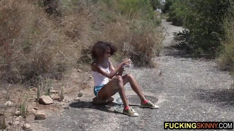 Chocolate skinny ebony masturbates after a warm run outside